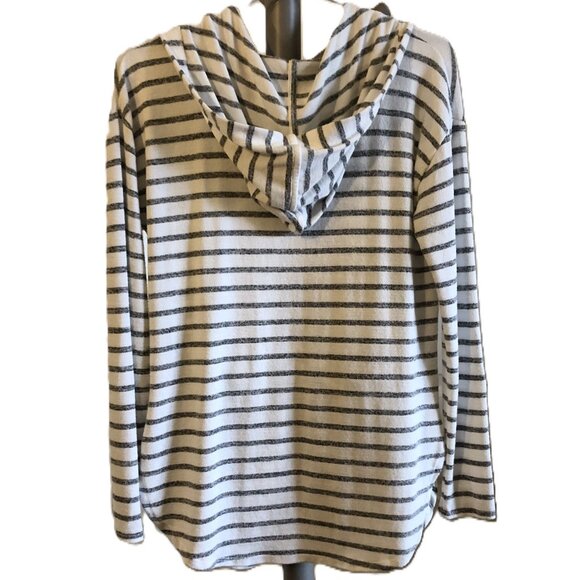 Banana Republic Hoodie Stripe Sweatshirt Kangaroo Pocket White & Grey Pullover - Picture 2 of 15
